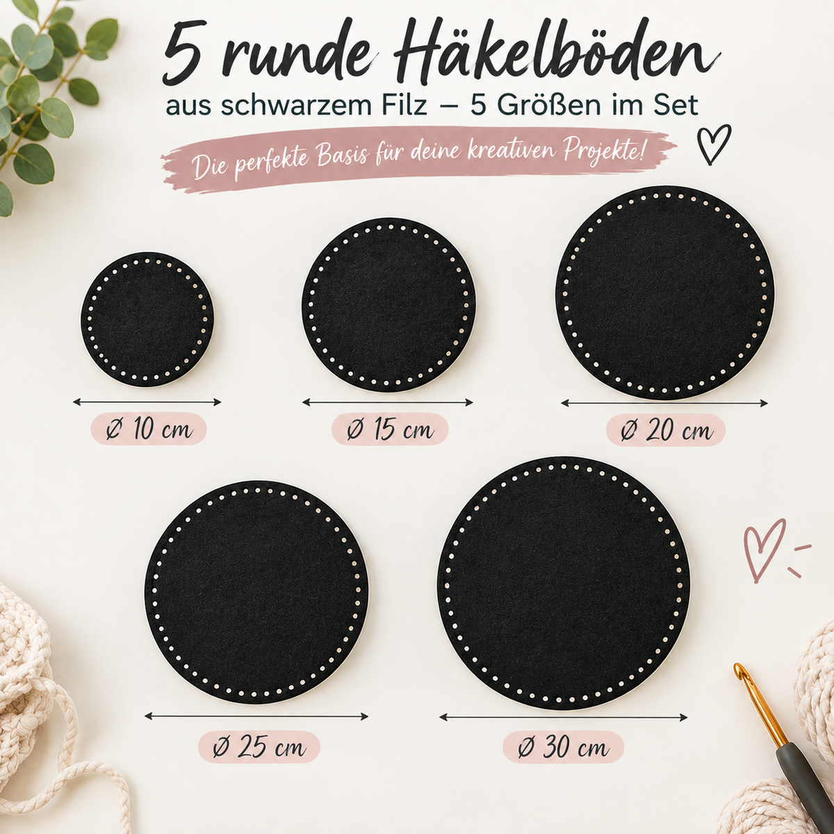 Häkelboden rund schwarz Filz Set (verschiedene Größen, 5 Stück)