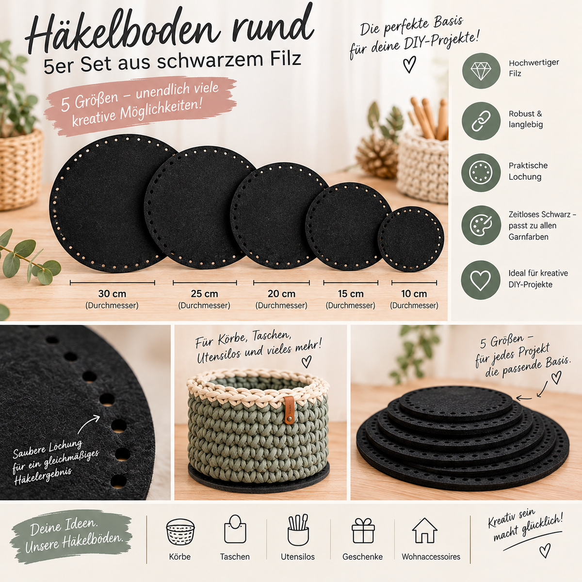 Häkelboden rund schwarz Filz Set (verschiedene Größen, 5 Stück)