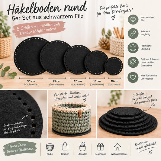 Häkelboden rund schwarz Filz Set (verschiedene Größen, 5 Stück)